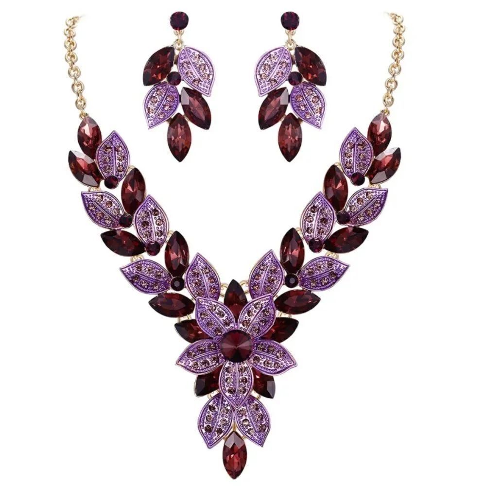 Yellow Gold with Amethyst Crystal Cluster Flower Leaf Necklace and Earrings Set
